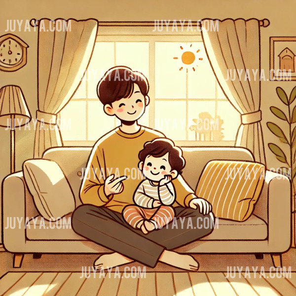 소파에 앉아 아이와 함께 웃으며 쉬는 부모의 따뜻한 웹툰 스타일 일러스트. 햇빛이 들어오는 밝은 거실에서 행복한 가족의 순간을 표현.