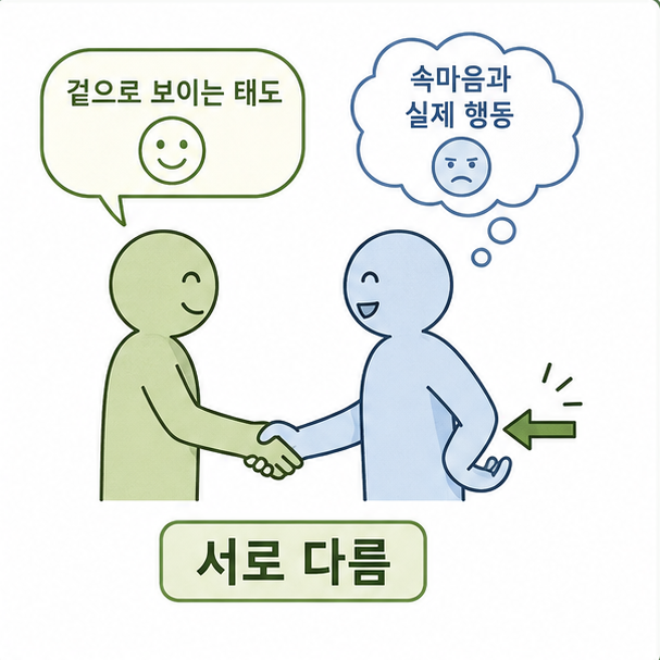 겉으로 보이는 태도와 속마음, 실제 행동이 서로 다른 표리부동의 의미