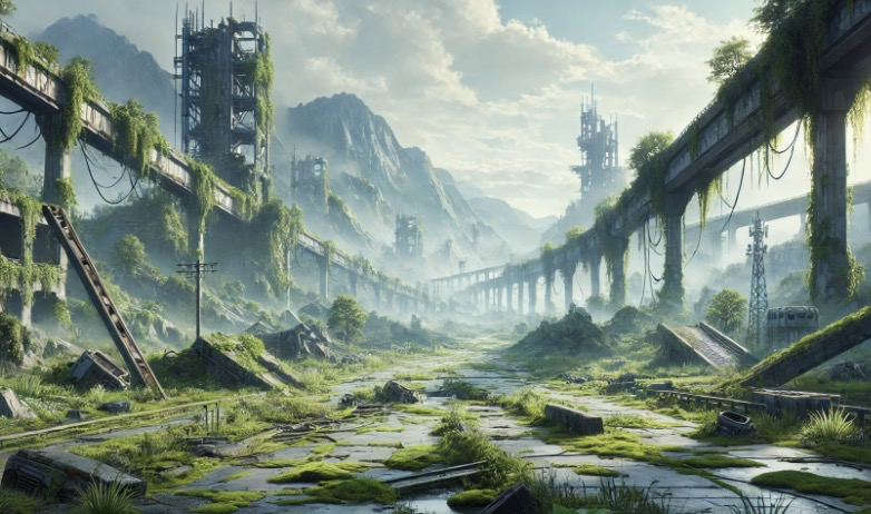 자연이 미래 유적을 뒤덮은 포스트 아포칼립스 느낌