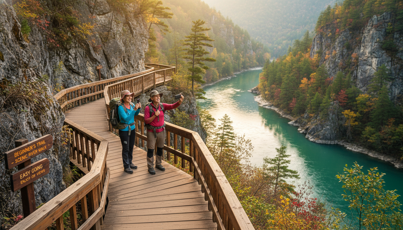 초보자도 걷기 편안하게 조성된 용궐산 하늘길의 완만한 목재 데크 구간