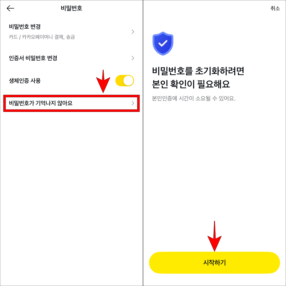 비밀번호 설정 중 '비밀번호가 기억나지 않아요'를 선택하고, 시작하기를 선택