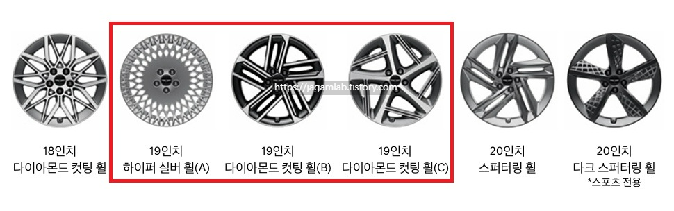 2026 G80 18인치 다이아몬드 컷팅 휠, 19인치 하이퍼 실버 휠, 19인치 다이아몬드 컷팅 휠, 20인치 스퍼터링 휠, 20인치 다크 스퍼터링 휠 디자인