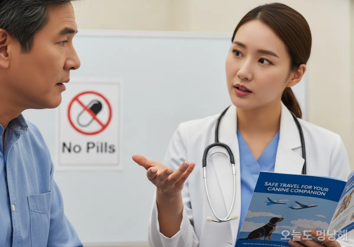 수의사가 강아지 보호자에게 비행 전 약물 복용의 위험성에 대해 설명하는 모습