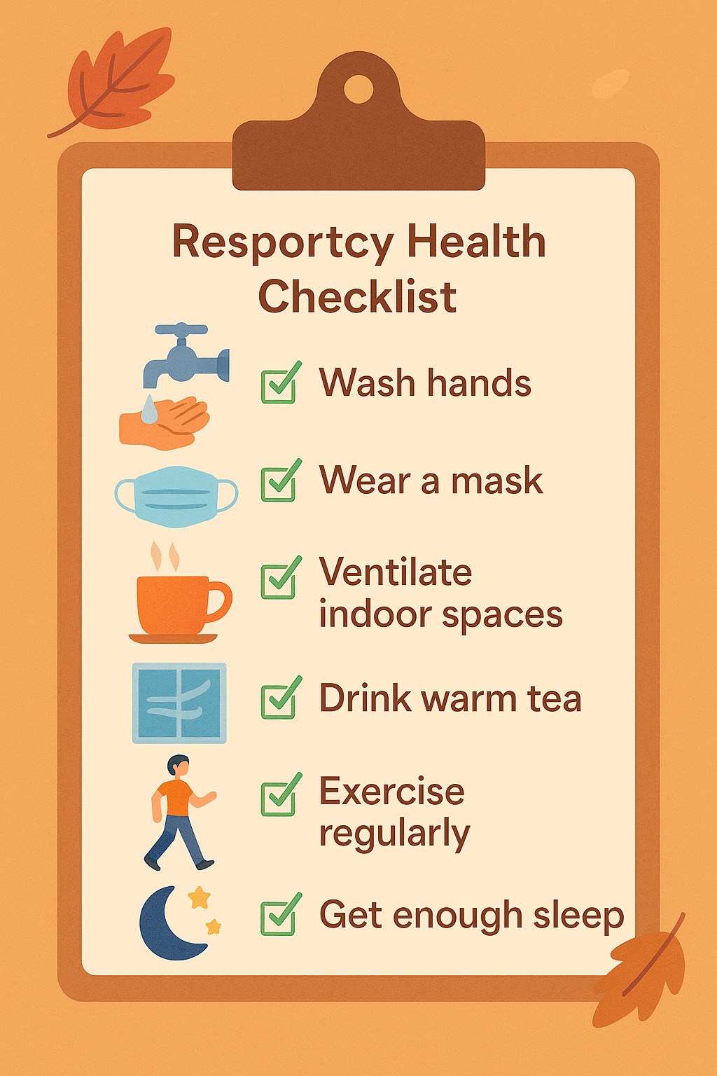 플랫 일러스트. 클립보드 모양의 체크리스트 위에 손 씻기, 마스크 착용, 환기, 따뜻한 차 마시기, 산책, 충분한 수면 아이콘이 그려져 있고, 각 항목 옆에 체크 표시가 되어 있는 모습. 배경은 가을 느낌의 따뜻한 색감