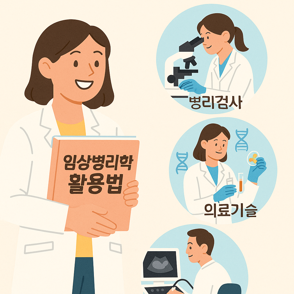 '임상병리학 활용법' 책을 든 여성과 병리검사, 유전자 검사, 의료기술 직무를 밝고 따뜻한 일러스트 스타일로 표현한 이미지