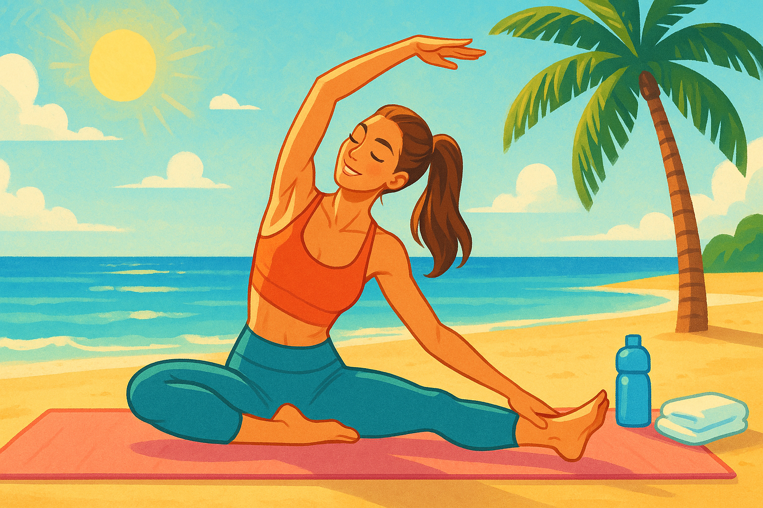 여름 해변가에서 건강한 몸매의 여성이 요가 매트 위에서 스트레칭을 하고 있는 모습