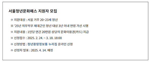 서울청년문화패스 지원자 모집