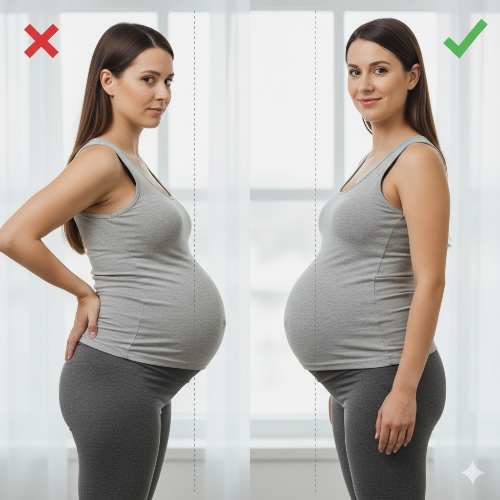 임산부의 잘못된 기립 자세인 골반 전방 전위와 허리 통증 예방을 위한 바른 정렬 자세 비교