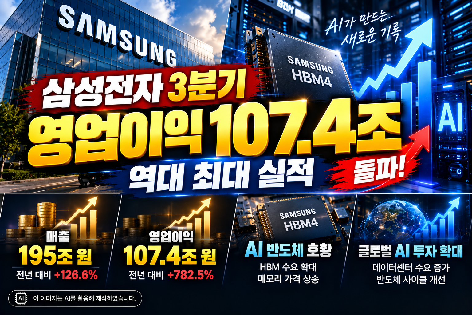 삼성전자 2026년 3분기 매출 195조 원, 영업이익 107.4조 원 달성과 HBM4&middot;AI 반도체 호황을 나타낸 이미지