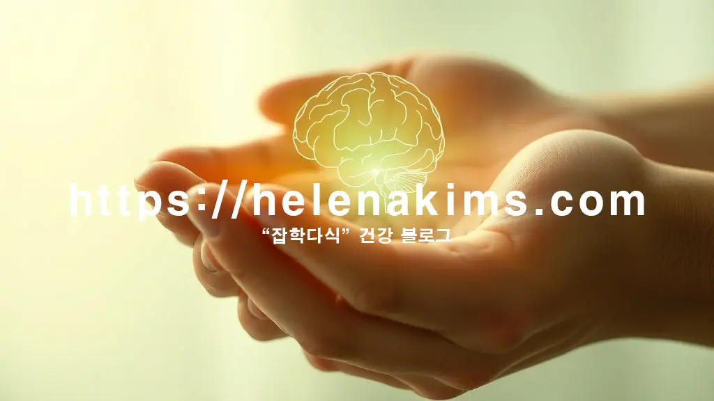 고요하고 따뜻한 색감의 배경에, 손가락 사이로 희미하게 빛나는 연두색 빛이 퍼지며, 뇌의 윤곽선이 섬세하게 표현되어 지식과 희망을 상징한 모습.