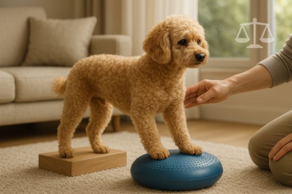 노령견이 균형 쿠션 위에 앞발을 올리고 보호자가 옆에서 지지하는 모습