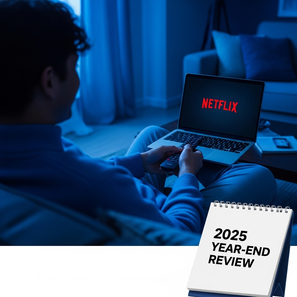 2025년 넷플릭스 연말 정산을 하며 숨겨진 명작을 발견하고 행복해하는 사람의 모습