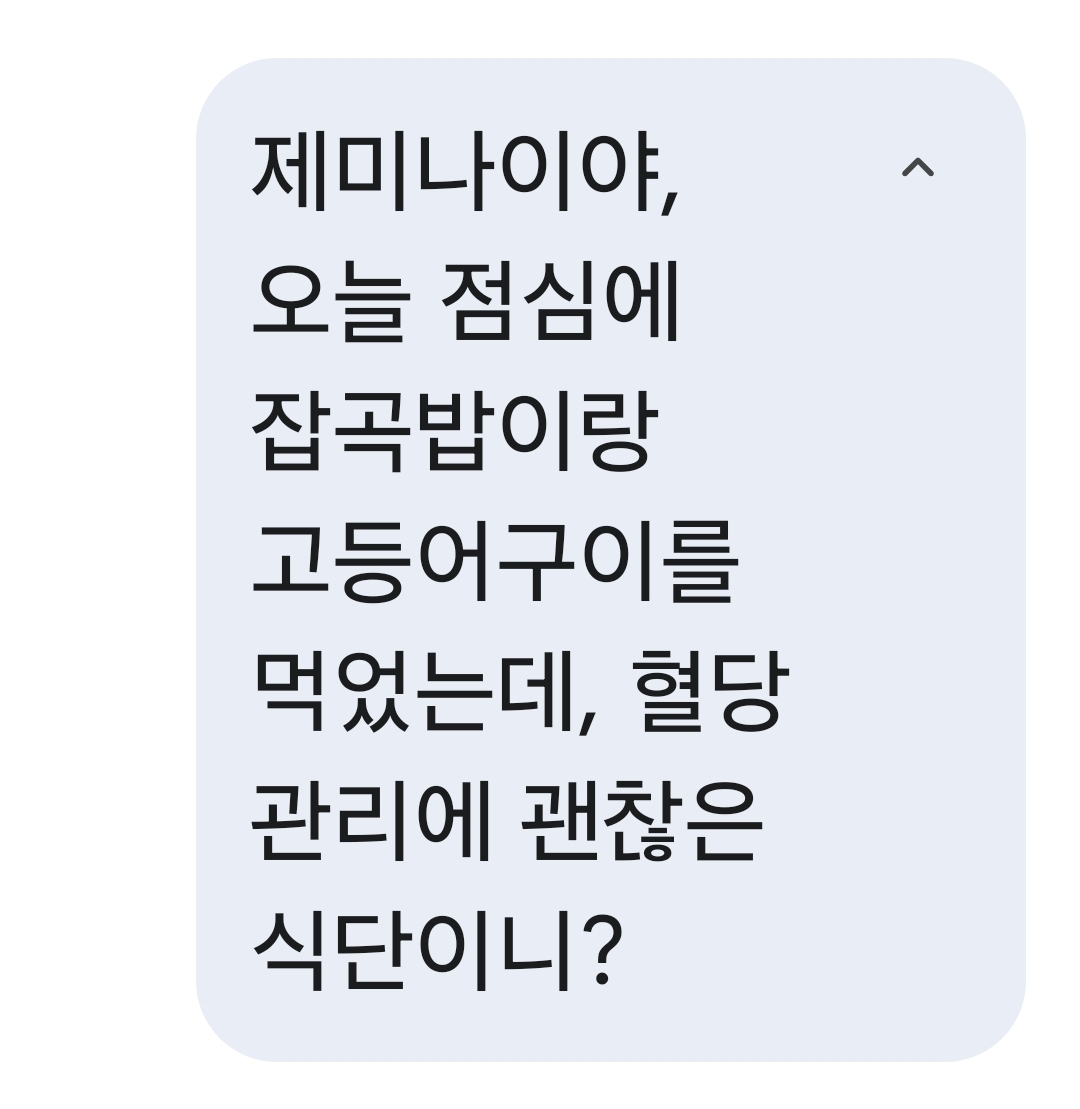 제미나이야, 오늘 점심에 잡곡밥이랑 고등어구이를 먹었는데, 혈당 관리에 괜찮은 식단이니?라고 묻는 이미지