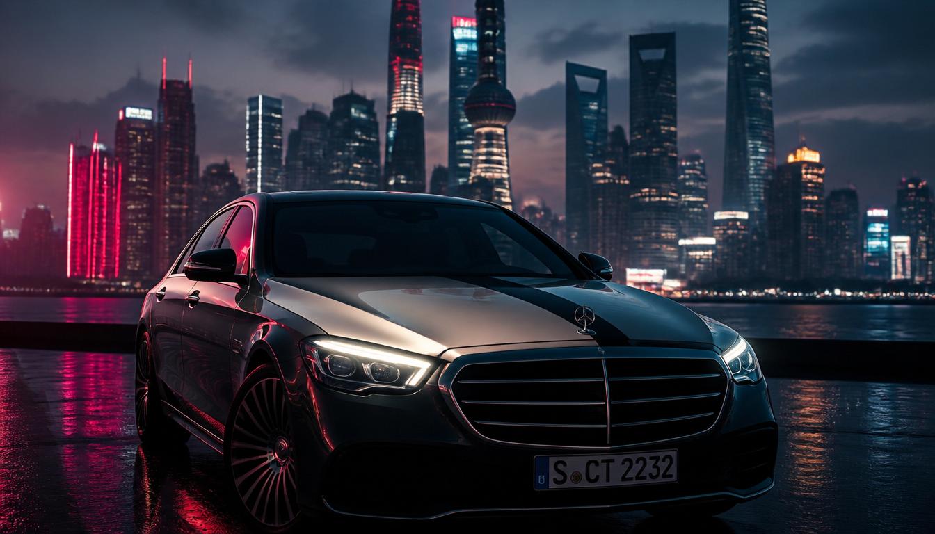 A Mercedes-Benz luxury sedan under a moody urban skyline, with the three-pointed star logo partially obscured by a dark shadow, symbolizing capital influence.