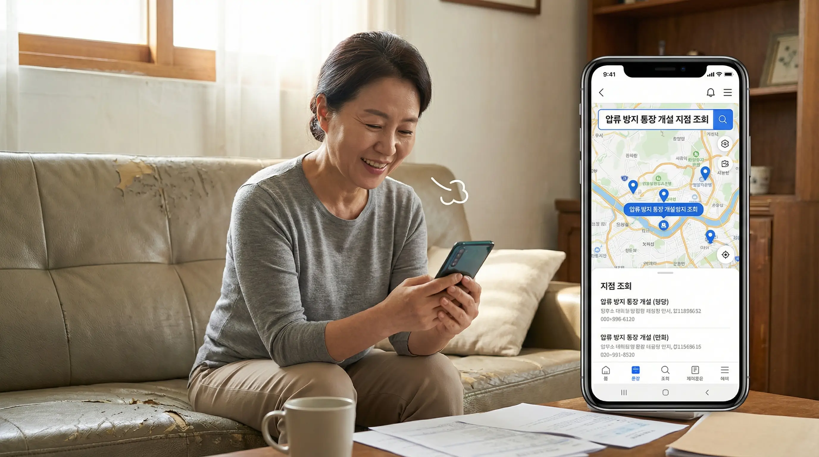 스마트폰으로 안전한 압류 방지 통장 개설 지점을 조회하고 생계비를 보호하는 안도하는 모습