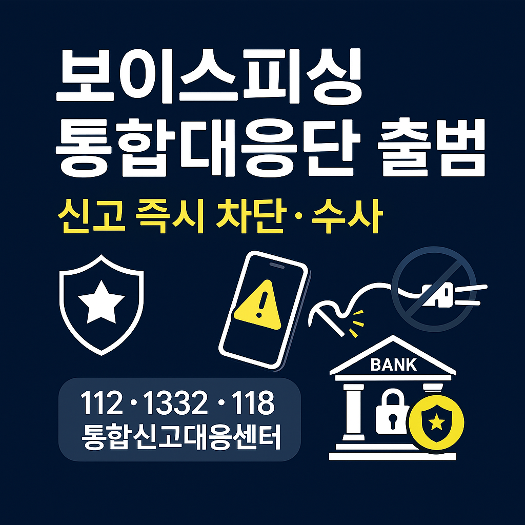 “보이스피싱 통합대응단 출범: 신고 즉시 차단·수사 동시 진행(24시간 운영) 인포그래픽”
“112 신고→은행 지급정지→통신 차단→수사 동시 진행 4단계 절차 안내 이미지”