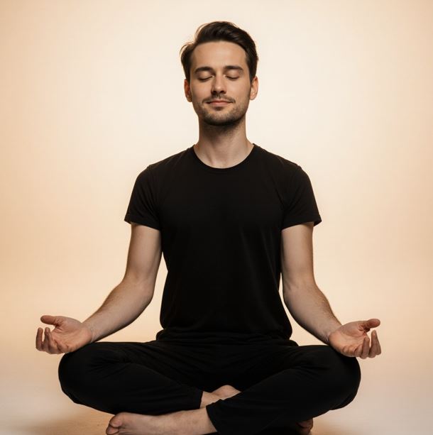 평온한 표정으로 명상하거나 호흡 연습을 하는 사람