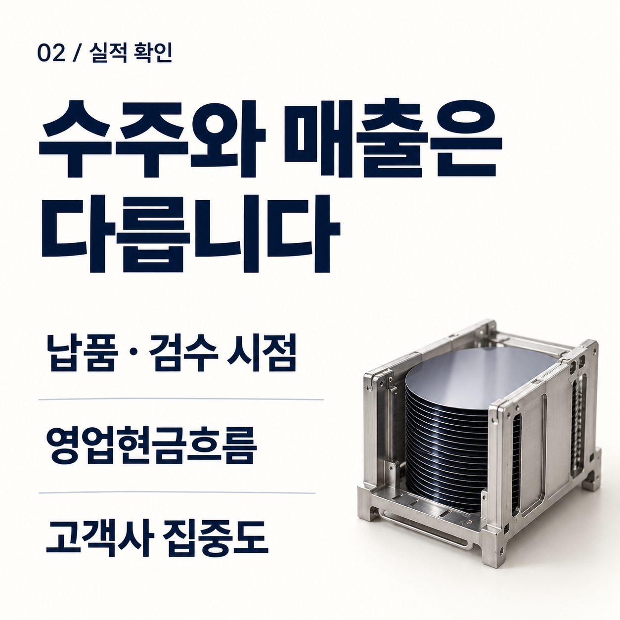 실적 확인: 수주와 매출 인식 시점, 현금흐름, 고객사 집중도를 봅니다.