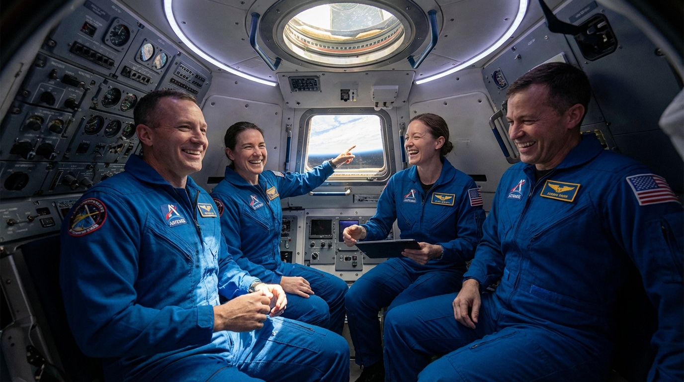 아르테미스 2호 내부에서 밝은 표정으로 임무를 수행 중인 4명의 정예 우주비행사