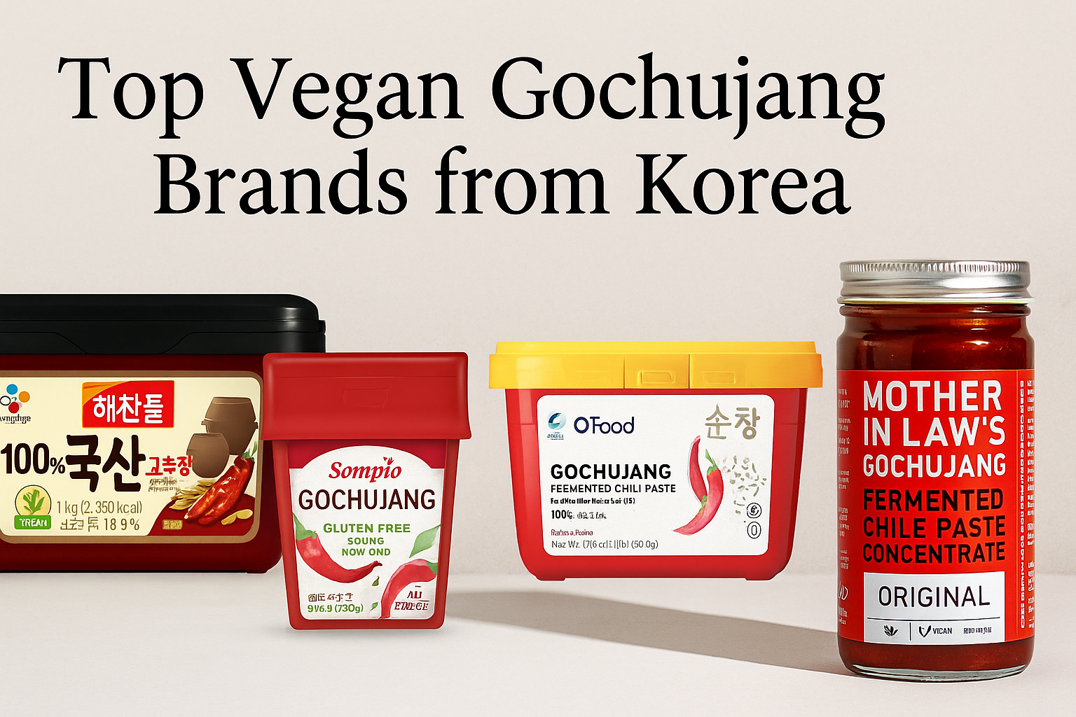 our vegan gochujang products from Korea — Haechandle, Sempio, O'Food, and Mother-in-Law’s — displayed side by side in a horizontal layout, highlighting their packaging, vegan labels, and branding.