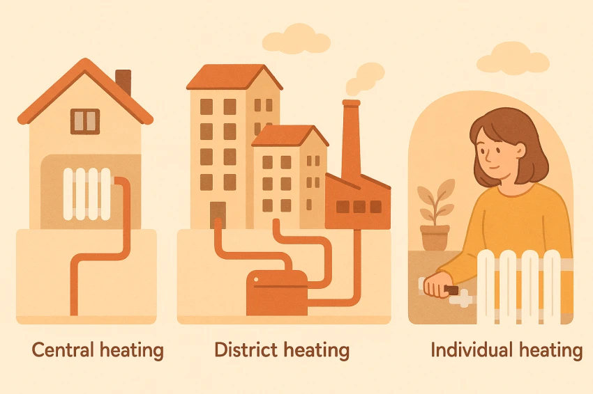 중앙난방, 지역난방, 개별난방의 난방시스템을 비교해 볼수 있는 도식화된 이미지