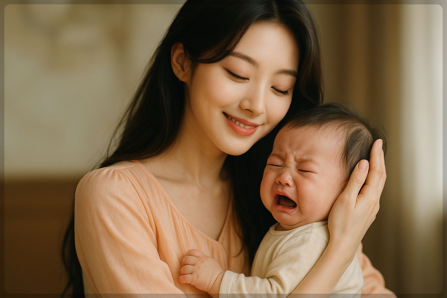 우는 아이를 안아주며 미소 짓는 그녀의 모습에서, 애착 육아의 진심이 전해집니다.
단순한 포옹 하나가 아이에게 얼마나 깊은 안정감을 주는지 보여주는 장면이에요.