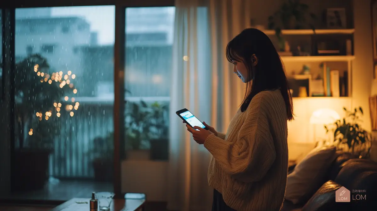 실내에서-휴대폰으로-태풍정보를-보는-한국여자02