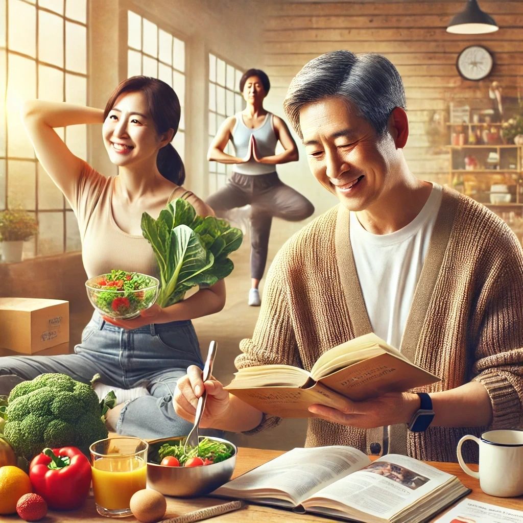 건강한 식단이 차려진 식탁 앞에서 웃으며 대화하는 중장년 부부