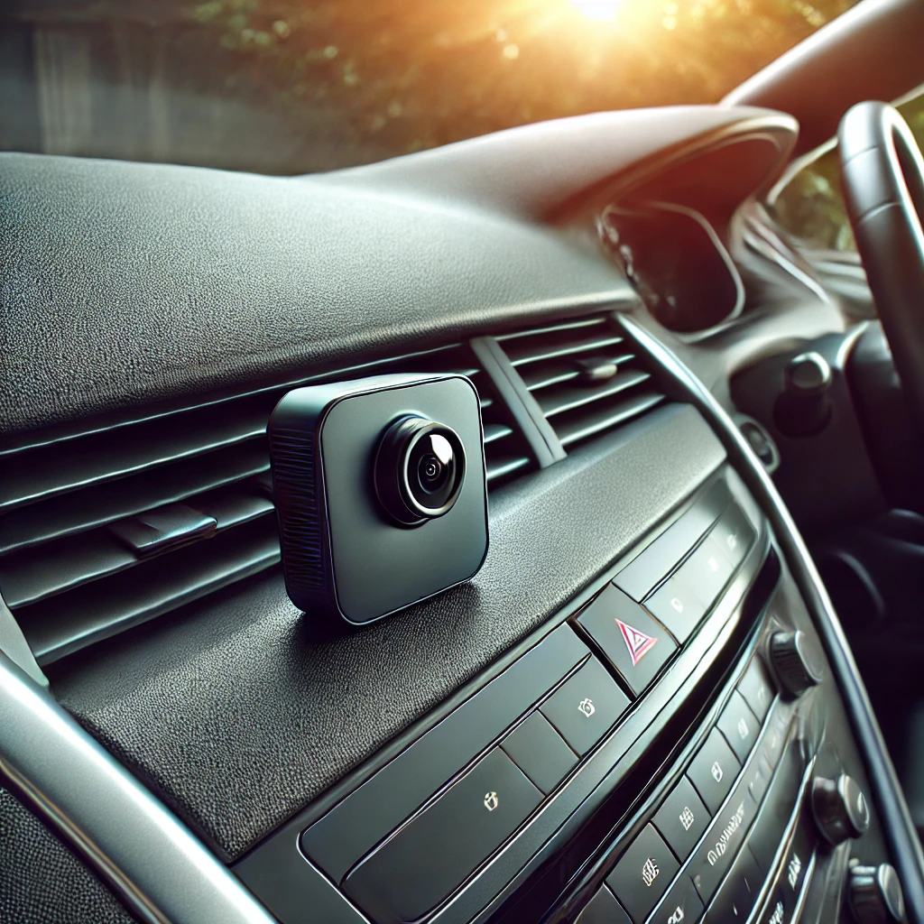 자연광이 비치는 깨끗하고 현대적인 자동차 내부. 대시보드 위에 설치된 블랙박스가 강조되어 자동차보험 할인 혜택의 기술적 요소를 보여줌
