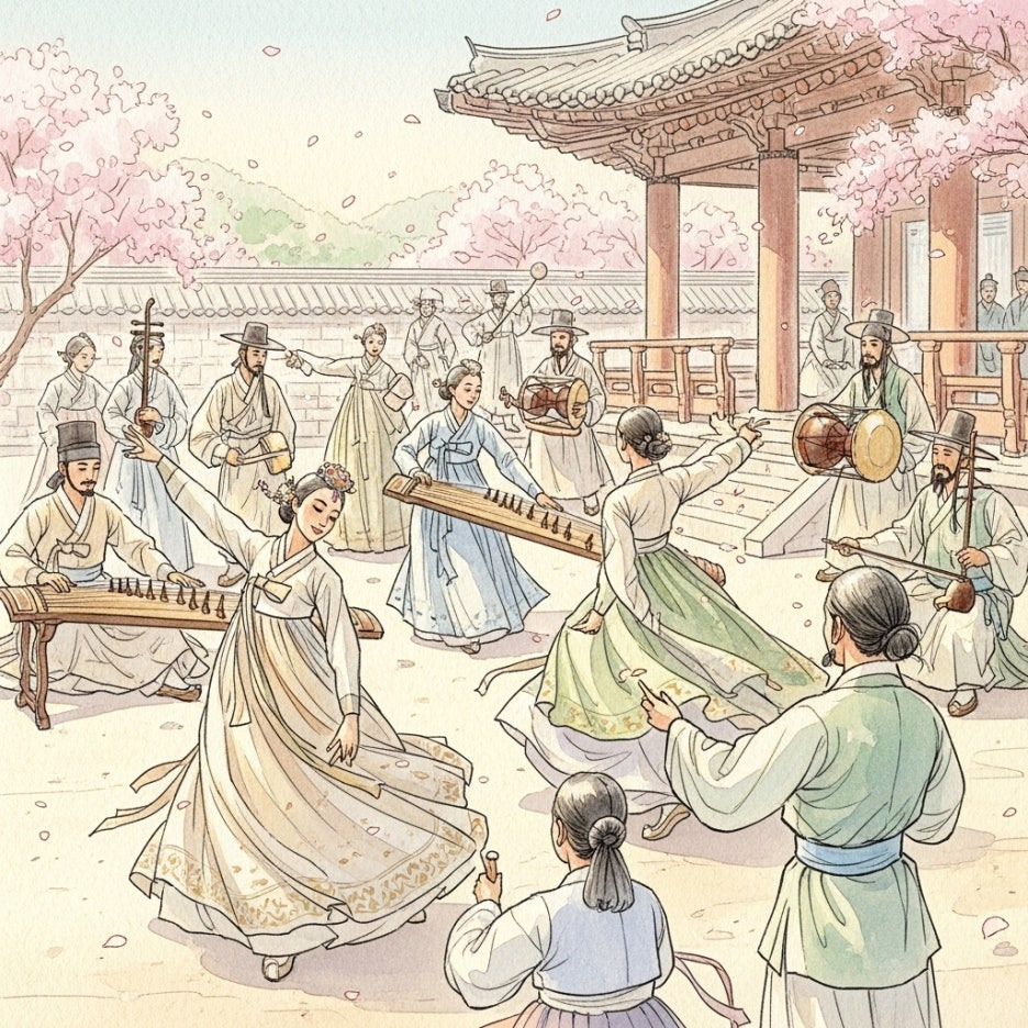 고려 시대 배경에서 음악과 춤을 즐기는 사람들