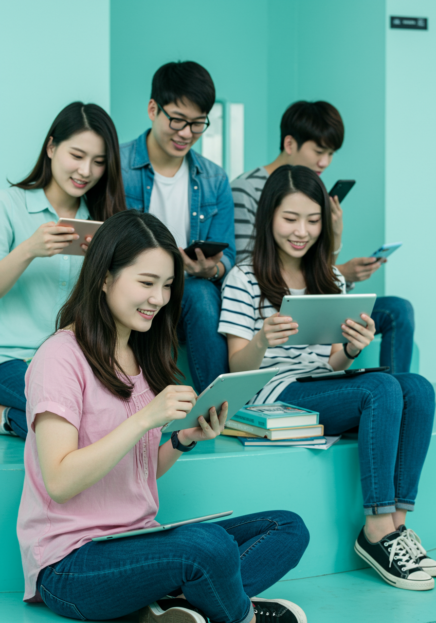 여러 명의 대학생들이 캠퍼스 건물안 계단에 앉아 테블릿과 스마트폰으로 독서를 하고 있는 이미지