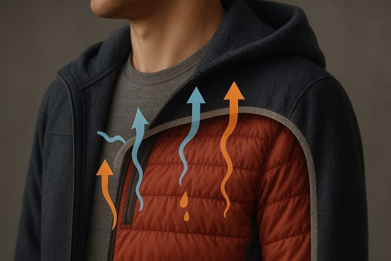 다양한 옷 레이어 안에서 공기와 습기가 흐르는 모습을 화살표로 표현