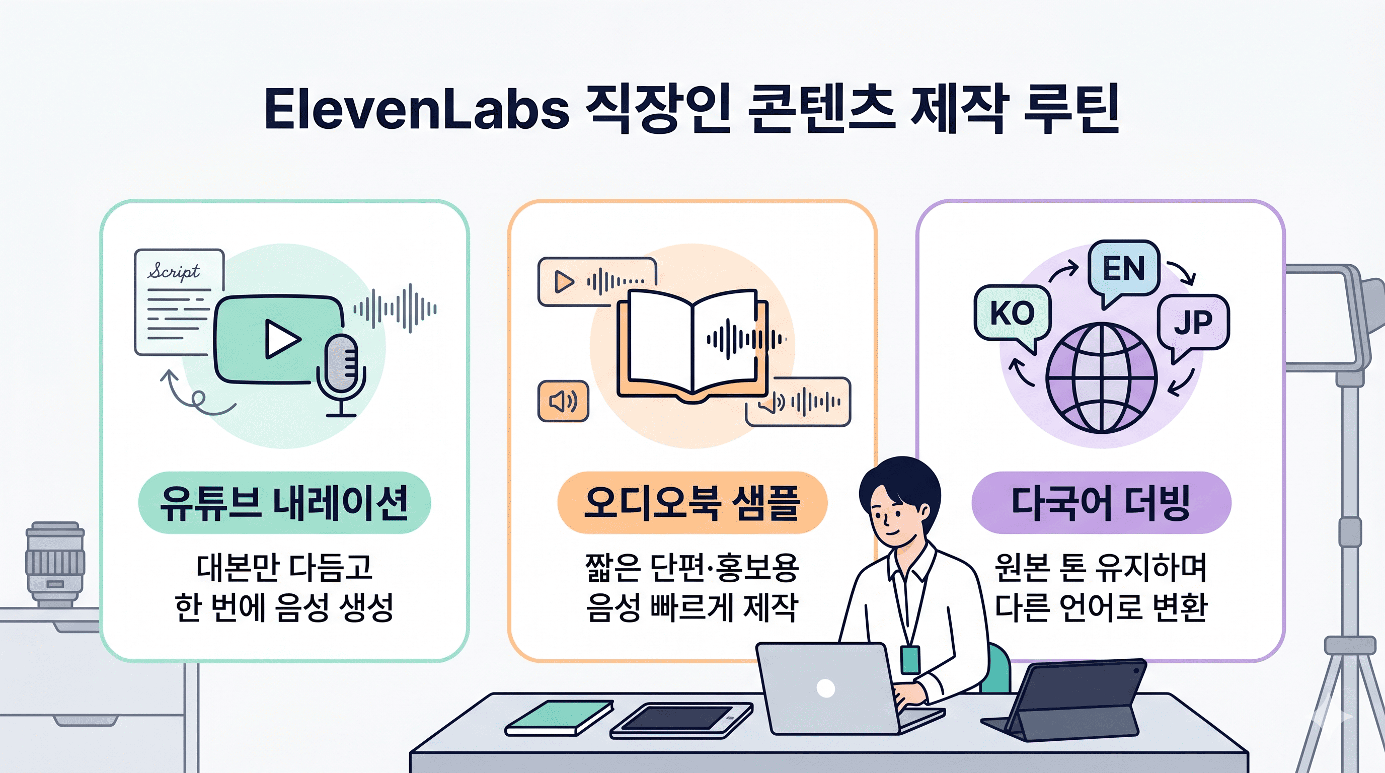 ElevenLabs 음성 AI를 유튜브 내레이션&middot;오디오북&middot;다국어 더빙에 적용하는 직장인 콘텐츠 제작 흐름을 한 화면에 정리한 인포그래픽