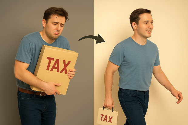 “회색 배경에서 무거운 세금 상자를 안고 힘들어하는 남성이, 밝은 배경에서는 작은 사이즈의 세금 가방을 가볍게 들고 미소 짓는 모습. 세금 부담을 덜어낸 상황을 묘사.”