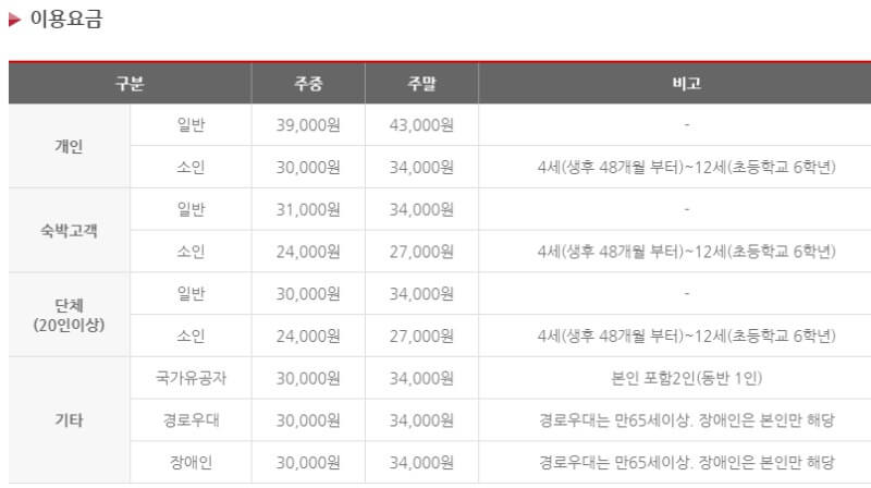 진안홍삼스파 이용요금표
