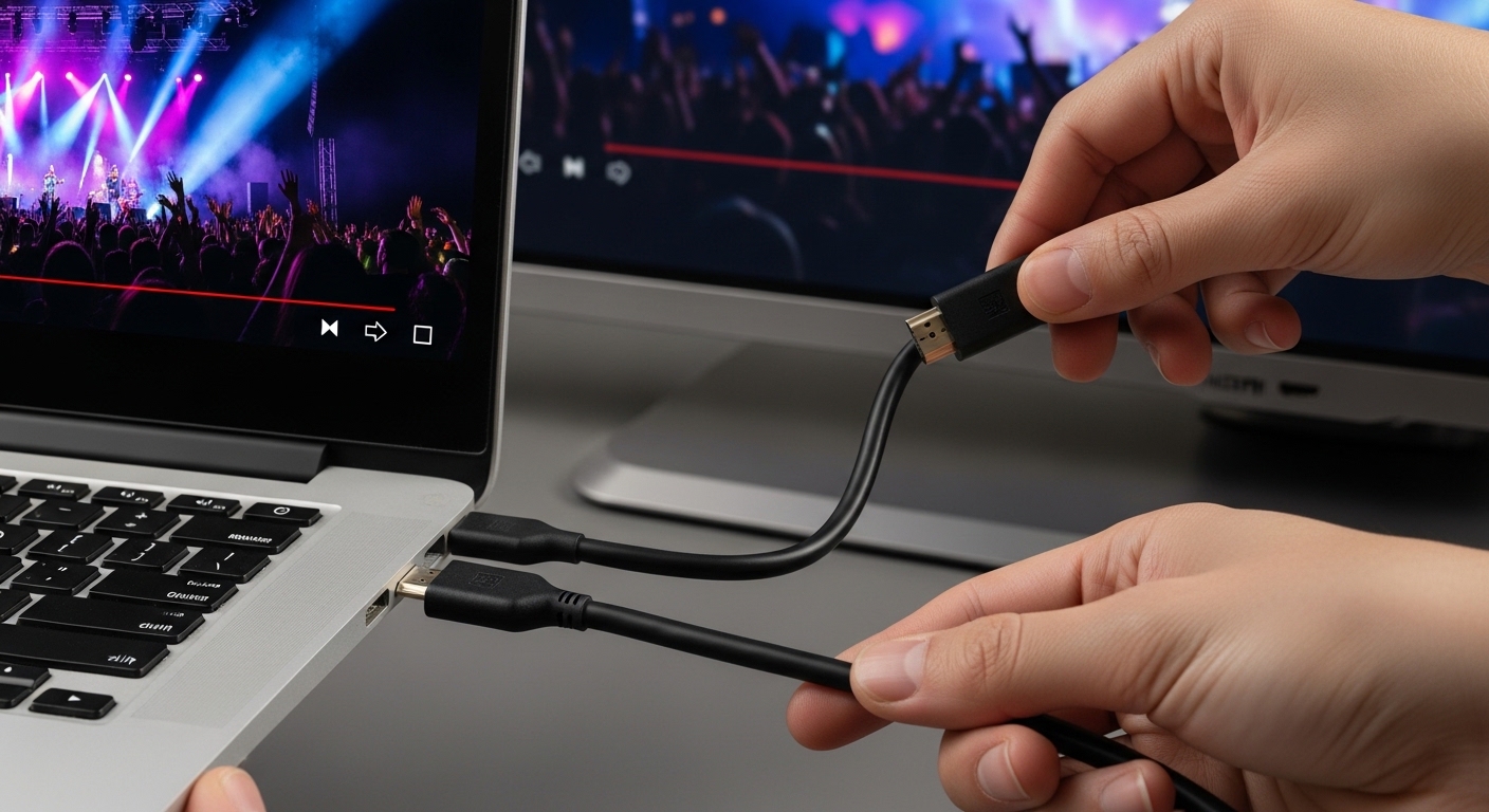 안정적인 콘서트 시청을 위해 노트북과 TV를 연결하는 HDMI 케이블 포트 이미지