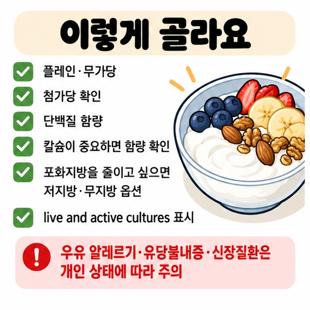무가당 플레인 단백질 칼슘 포화지방 유산균 표시를 확인해 그릭 요거트를 고르는 방법을 보여주는 카드