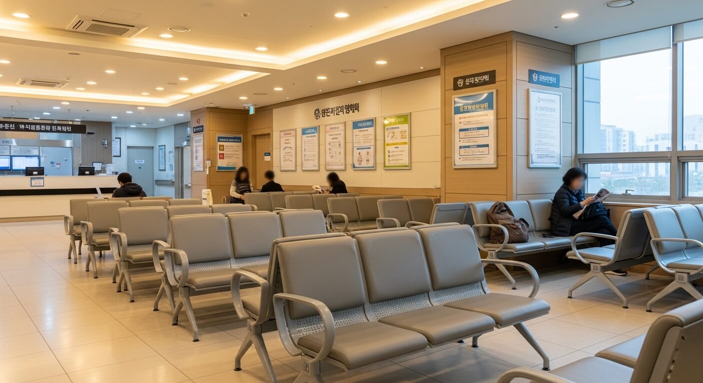 보건소 대기실에서 몇몇 환자들이 접수와 진료를 기다리는 모습