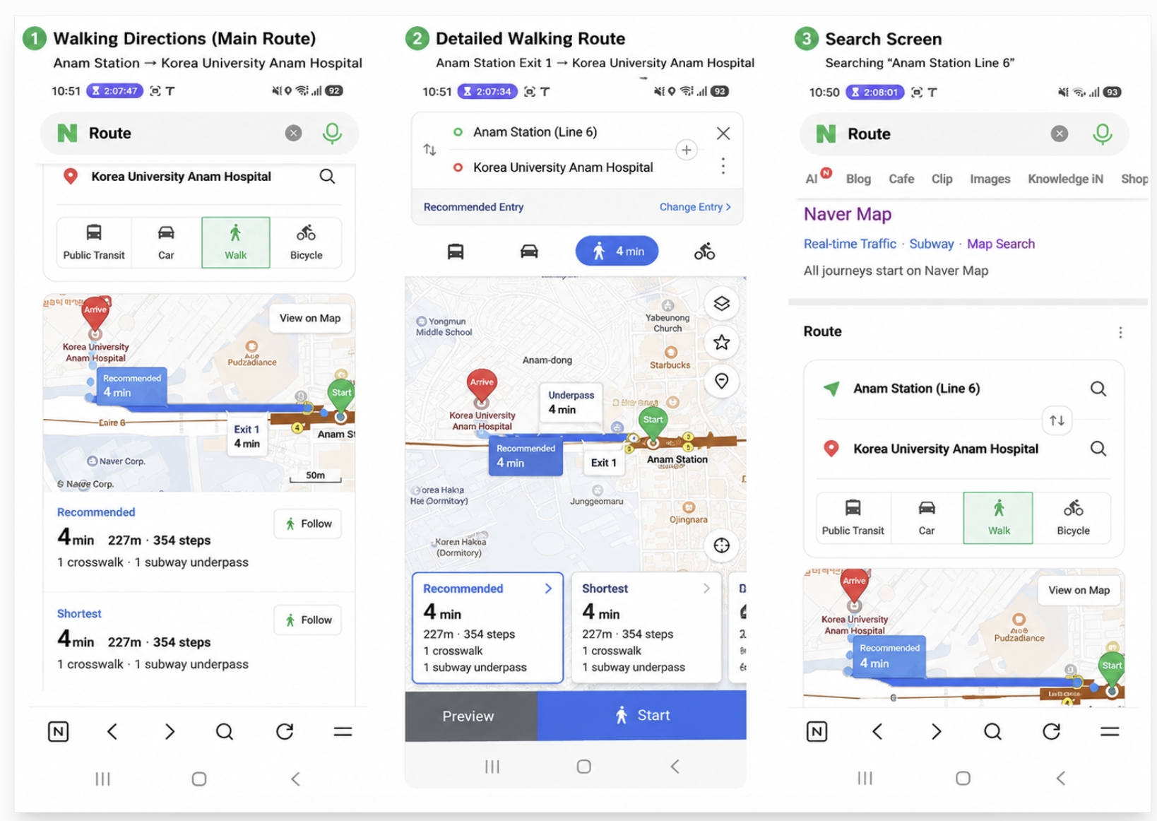 Naver Map app interface Seoul subway directions Korea