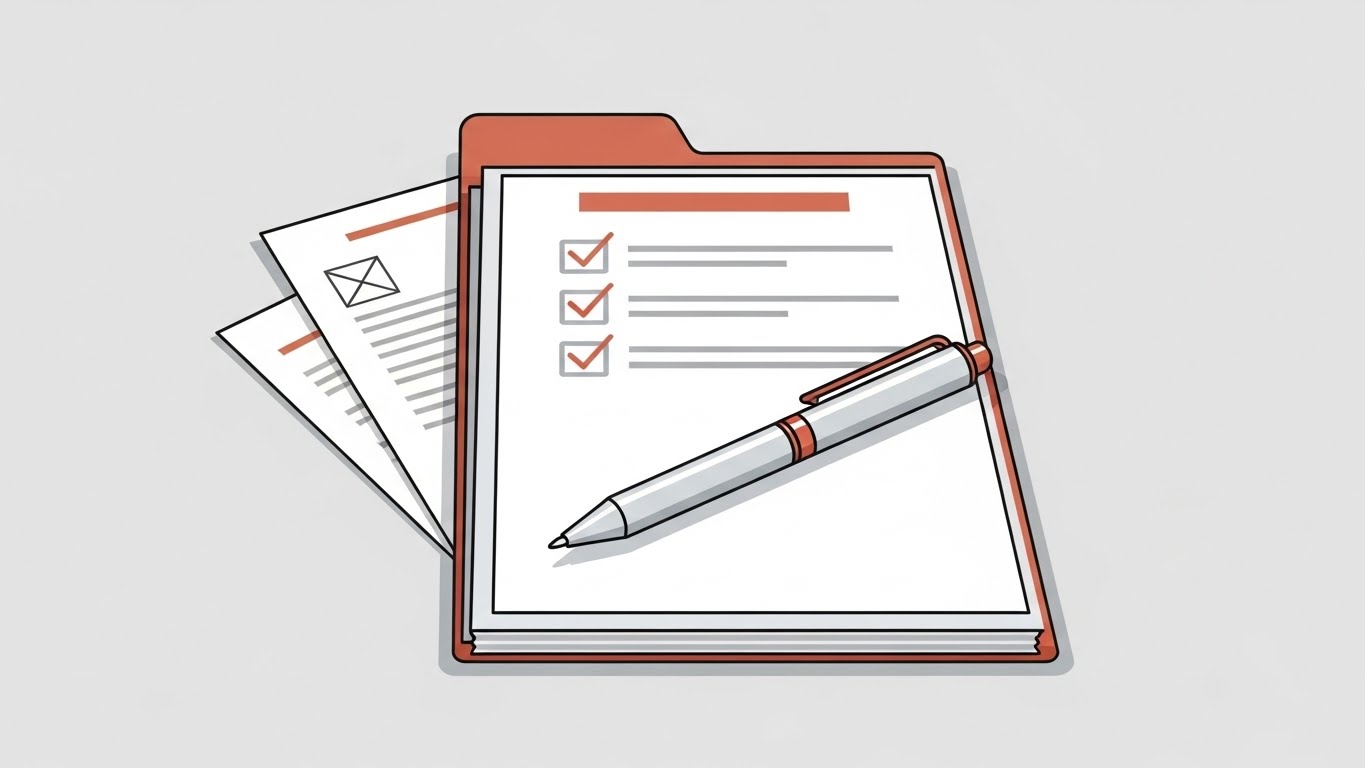 체크리스트와 서류가 담긴 폴더, 펜이 놓여있는 깔끔한 일러스트. 육아휴직장려금 신청 서류 준비를 의미합니다.