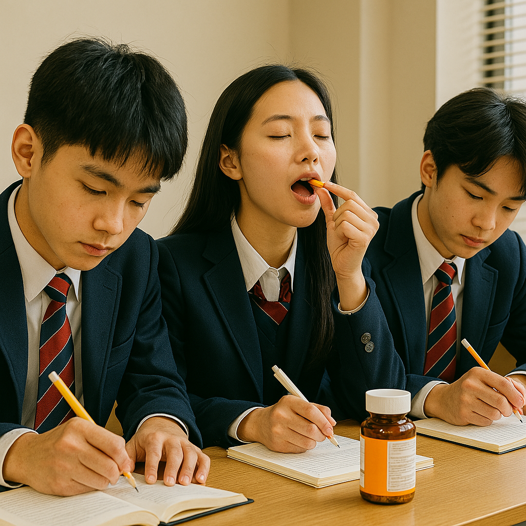 영양제 챙겨 먹으며 공부하는 학생