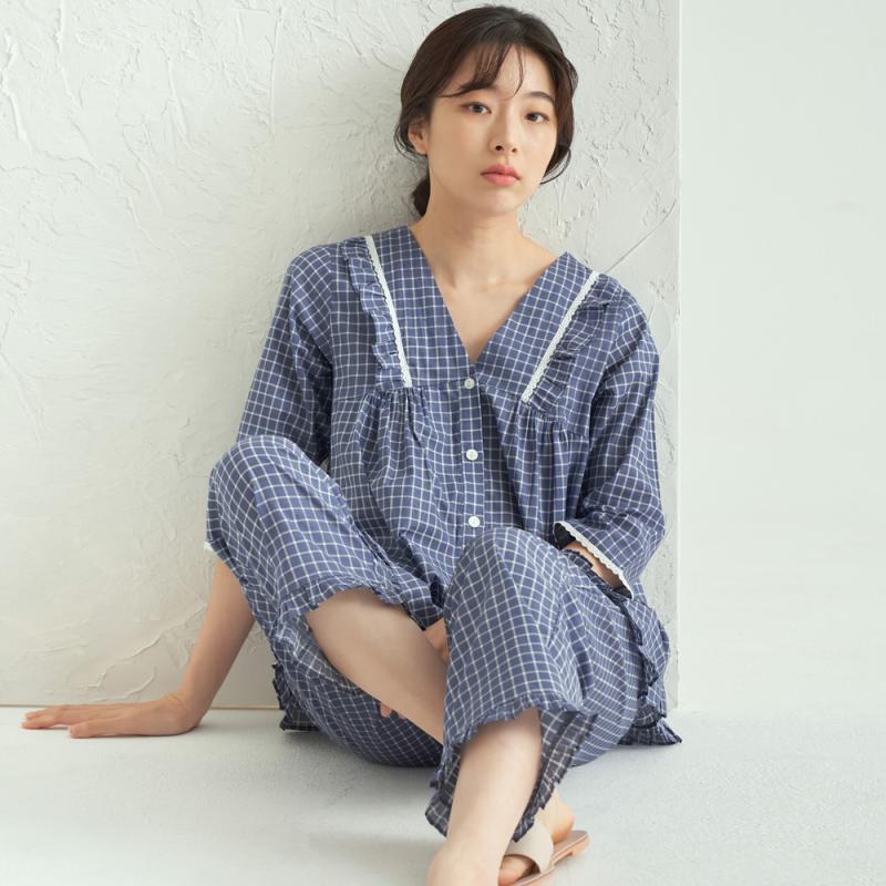 메이플라워 페인체크 V넥 순면 여성 7부 잠옷 세트