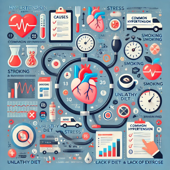 고혈압의 주요 원인을 나타내는 이미지&amp;#44; 스트레스&amp;#44; 흡연&amp;#44; 건강하지 않은 식단 등을 강조.