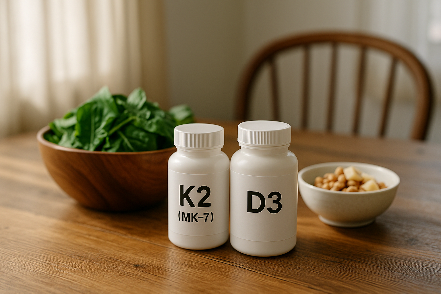 비타민 D3와 K2(MK-7) 보충제, 잎채소와 낫토가 놓인 식탁에서 자연광으로 촬영한 실사 썸네일