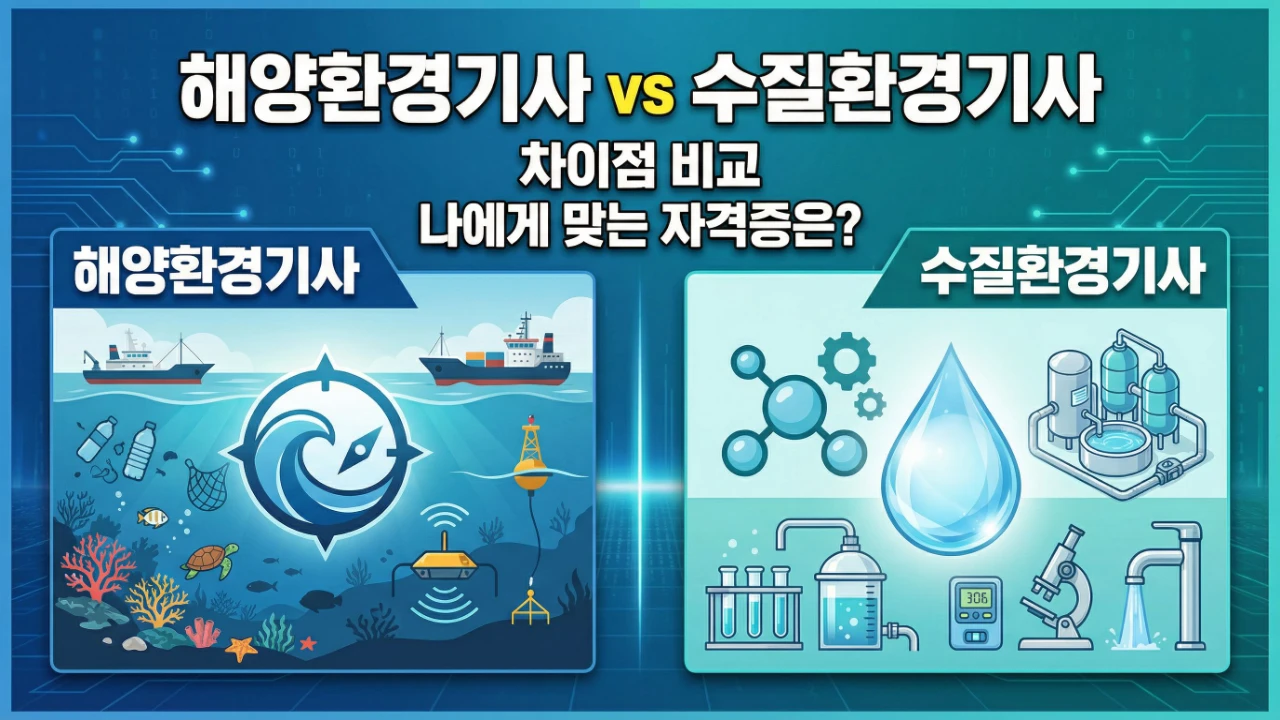 해양환경기사와 수질환경기사의 차이점, 활용 분야, 선택 기준을 한눈에 보여주는 대표이미지