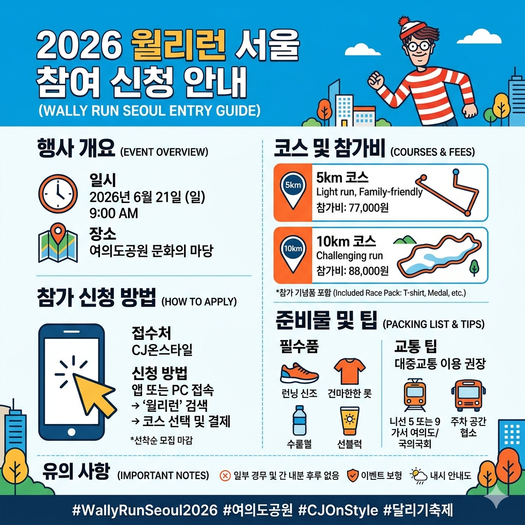 월리런 서울 참여 신청 방법｜2026 월리를 찾아라 런 일정&middot;코스&middot;참가비 인포그래픽