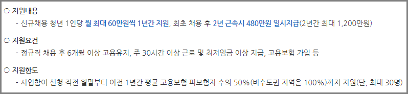 청년일자리도약장려금 지원내용 및 지원한도