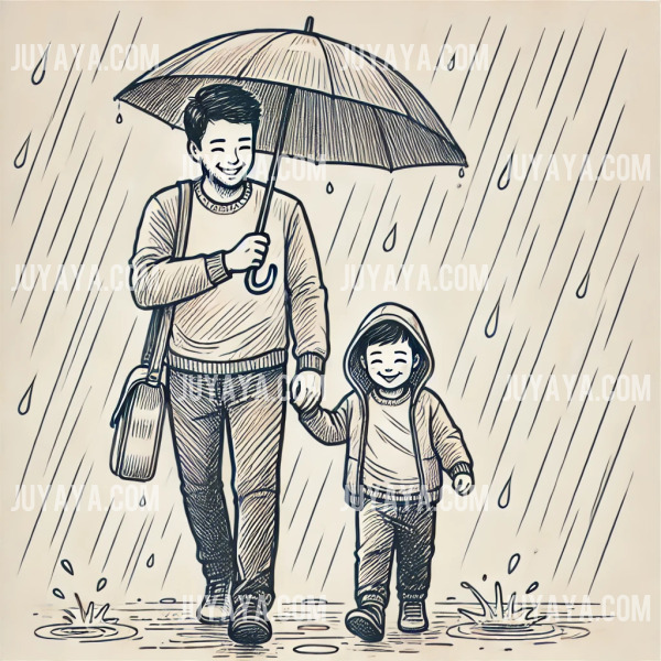 비 오는 날 우산을 함께 쓰고 산책하며 웃고 있는 아빠와 아이&amp;#44; 빗방울과 물웅덩이 배경의 스케치 스타일.