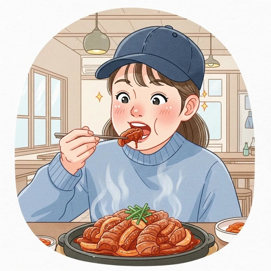 매콤한 불족발을 즐기며 행복해하는 모습