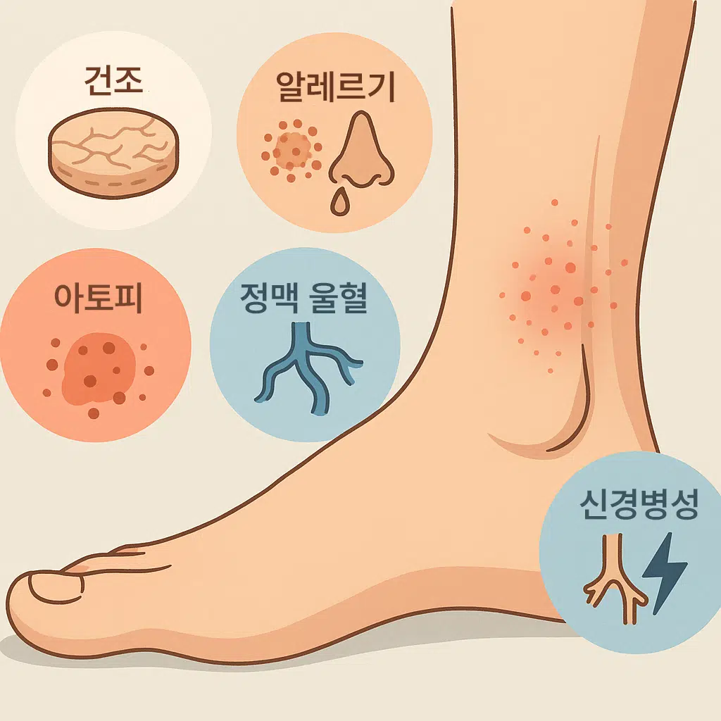 발목 가려움의 원인 (건조, 알레르기, 정맥 울혈, 아토피, 신경병성)